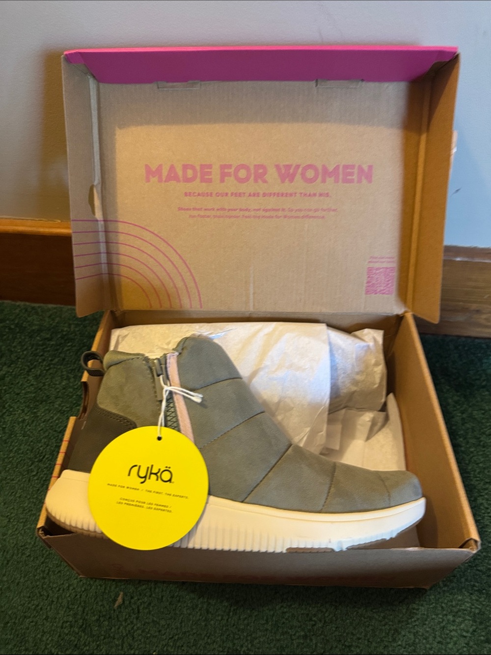 Ryka Olive Vetiver Green Slip-On Ankle Boot with Exterior Pink Zipper Accent